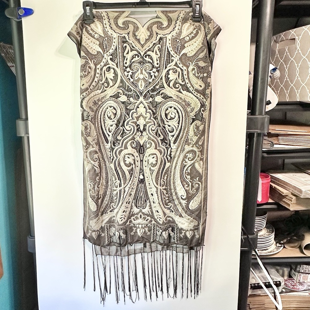 Paisley Scarf Brown Beige Olive Metallic Thread Fringe Tassel Boho Womens